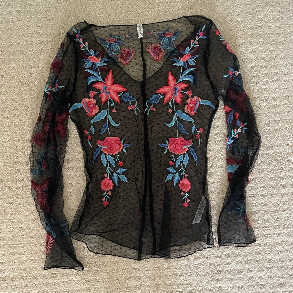 Free People black shear top with pink and blue floral embroidery